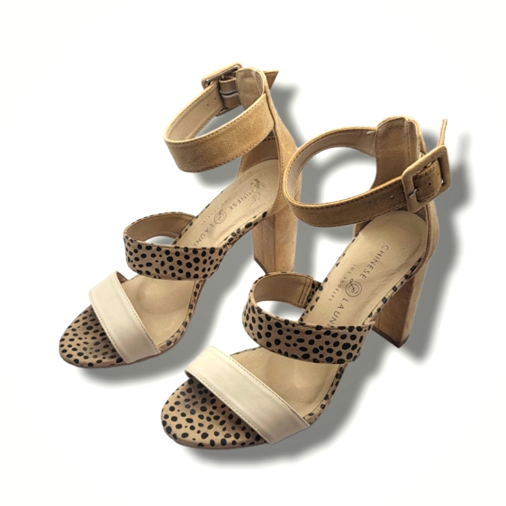 Chinese Laundry Block Heels Leather Cheetah Sandals